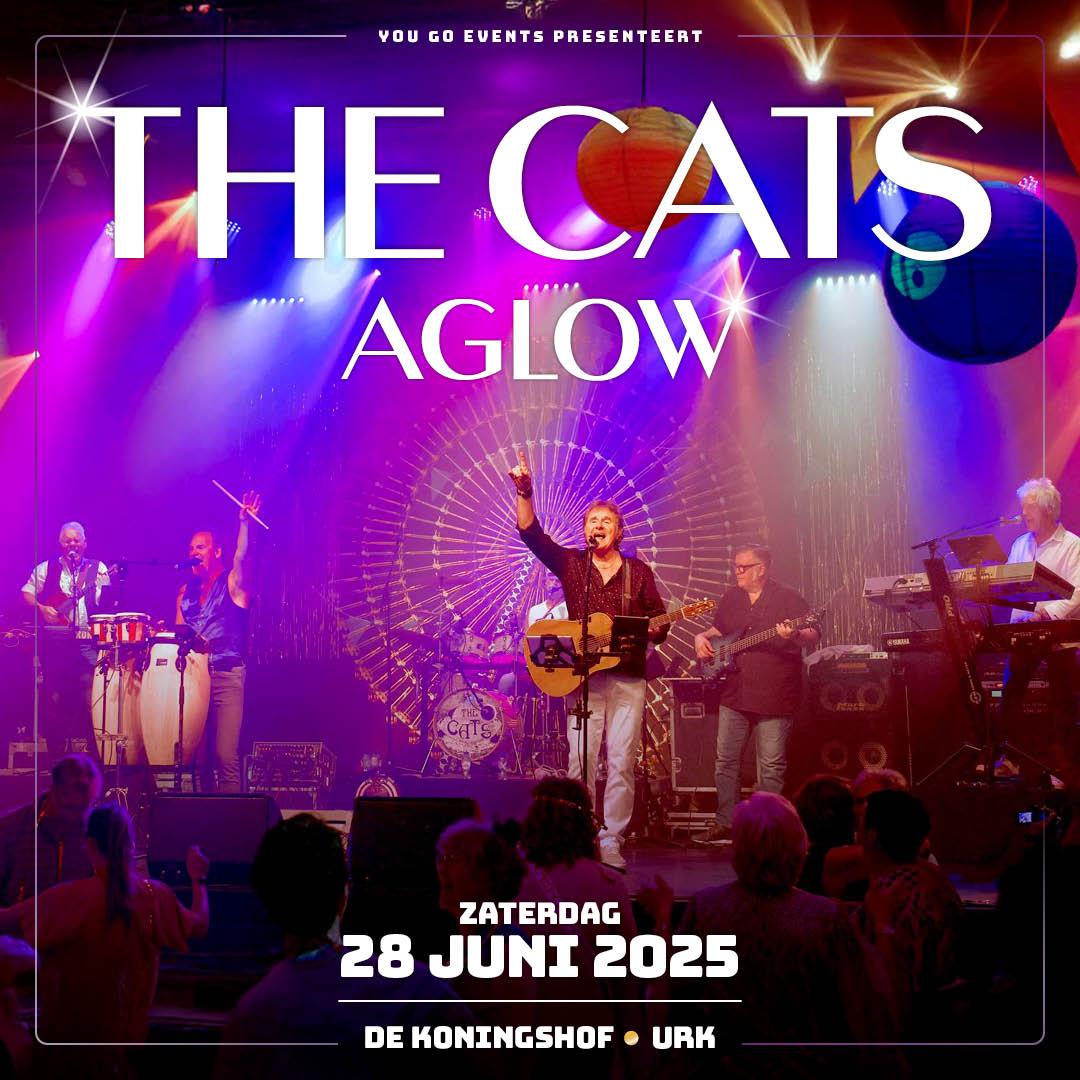 Promotieafbeelding voor het evenement 'The Cats Aglow' op zaterdag 28 juni 2025 in De Koningshof, Urk. Op de afbeelding staat een band op een kleurrijk verlichte podium met instrumenten zoals een gitaar, keyboard, bas en percussie. Op de voorgrond dansend publiek en in de achtergrond decoratieve lichteffecten. Tekst in het ontwerp bevat details over het evenement, zoals de datum en locatie.