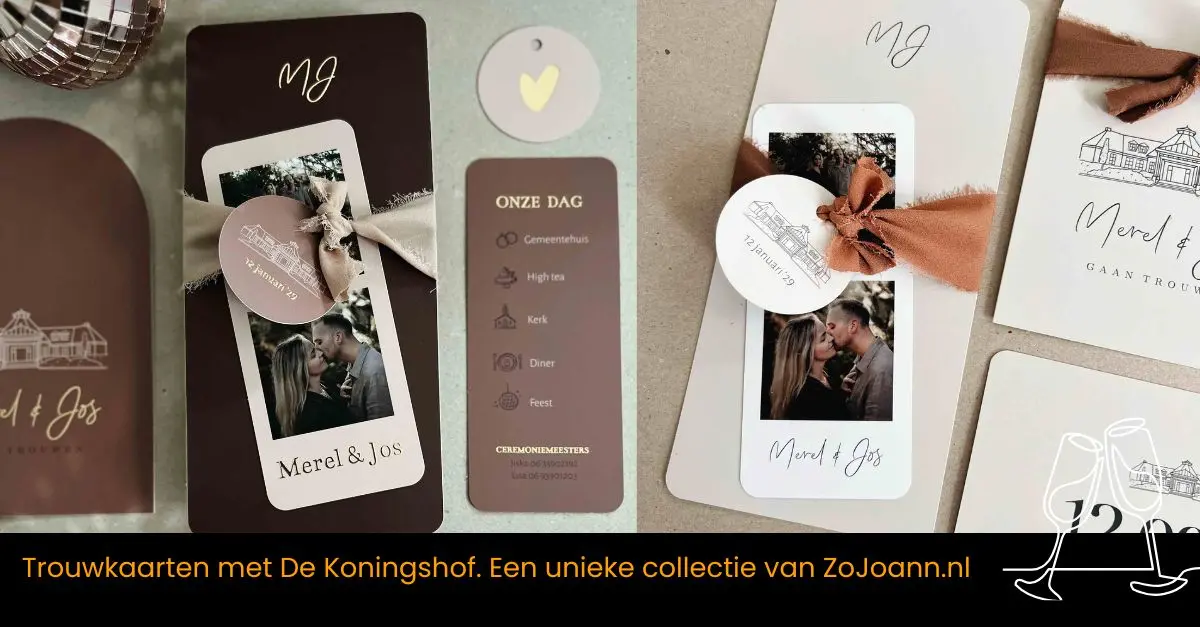 Trouwkaarten in wit en roestkleur met daarop De Koningshof ip Urk afgebeeld met lijntekening en strik.